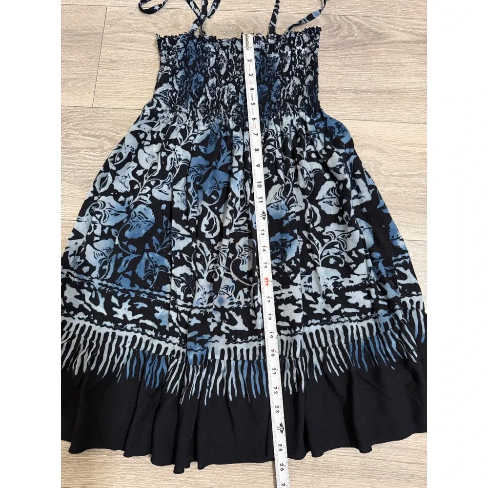 Girls Dress M Blue Black Floral Batik Smocked Tie Shoulder Summer Sun Festival
